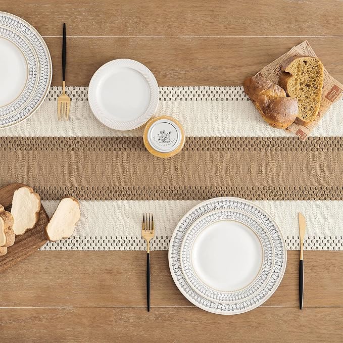 ZeeMart Macrame Style Bicolor Stitching Table Runner, 14 x 108 Inch Brown/Ivory - Image 4