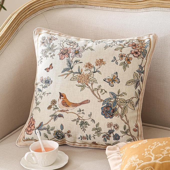ISAENNE Design Square Floral Bird Linen Throw Pillow Covers 18"x18" Pack of 2 - Image 2