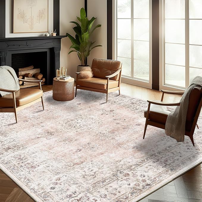 Washable Area Rug 9'x12' Retro Boho Design Non-Shedding Easy Care Ideal by CHAMPLANT