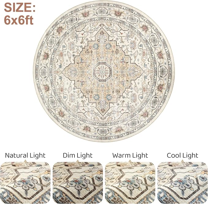 Round Rug Living Room Rugs: 6Ft Washable Boho Neutral Large Circle Soft Indoor - Image 8