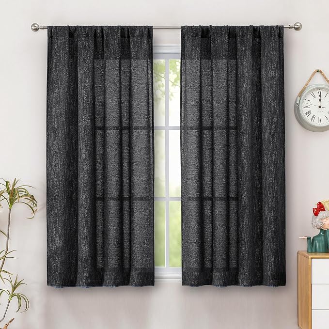 Simplebrand Black Semi Sheer Faux Linen Textured Curtains 54 Inch Length 2 by Simplebrand