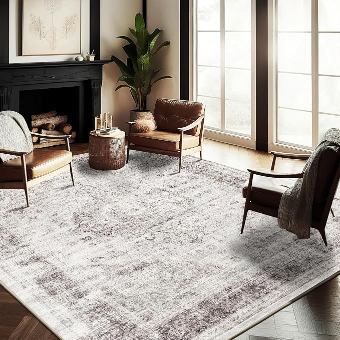 Washable Area Rug 10'x14' Floral red Boho Design Non-Shedding Easy Care Ideal by CHAMPLANT