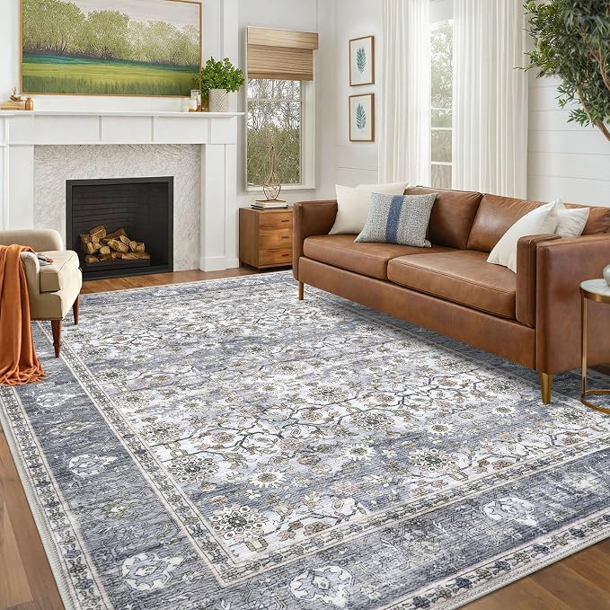 KUTA Vintage Floral Area Rug 6x9 Grey Blue, Washable Rugs by KUTA