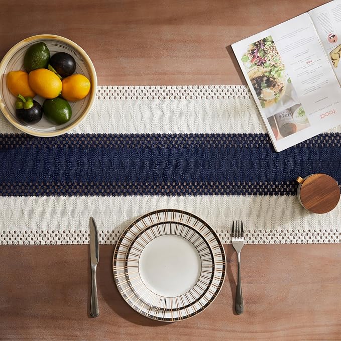 ZeeMart Macrame Style Bicolor Stitching Table Runner, 14 x 36 Inch Navy - Image 4