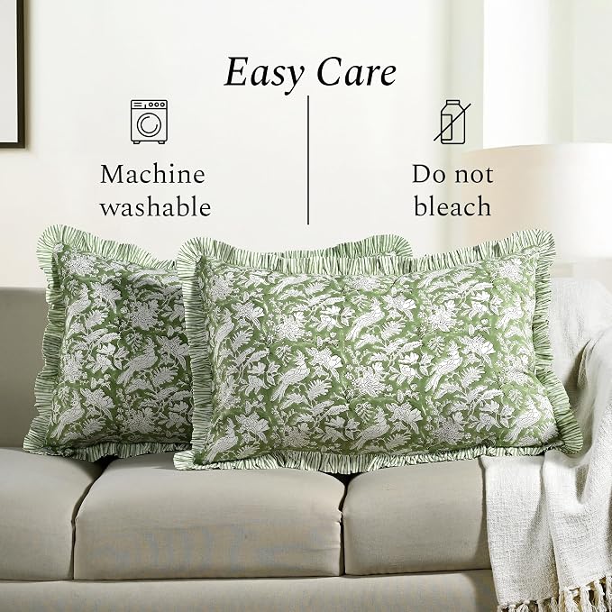 CPC Olive Green 100% Cotton Block Print Ruffle Sham Cover 20X30 inch Pack of 2 - Image 7