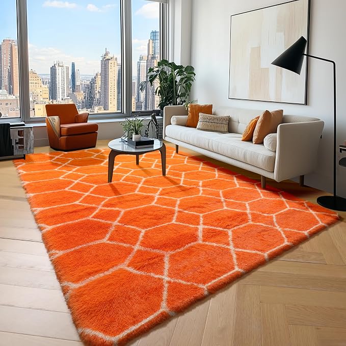 ONASAR Rugs for Living Room Bedroom, 5x8 Washable Fluffy Orange and White Area by ONASAR