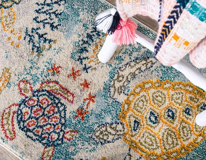 Unique Loom Positano Collection Coastal Modern Turtles Beige Runner Rug - Image 4