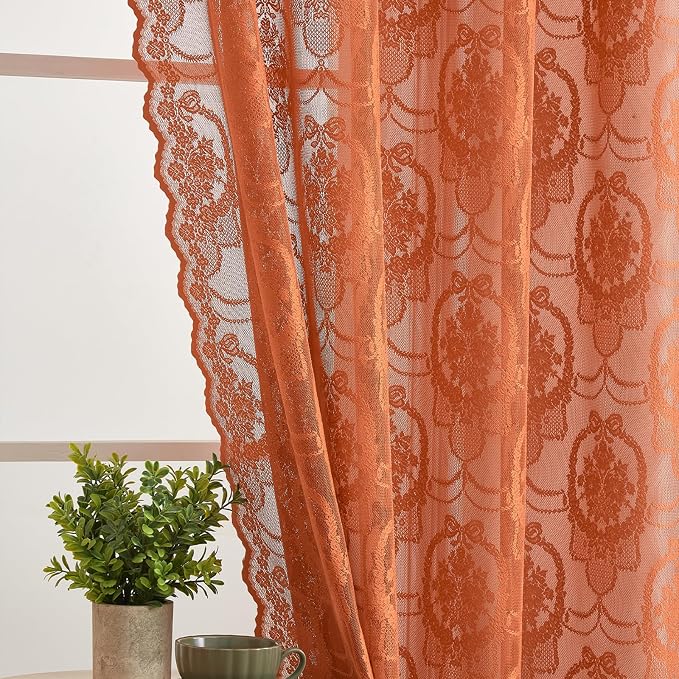 Burnt Orange Lace French Delicacy Curtains 84 Inches Long -Rod Pocket Luxury - Image 5