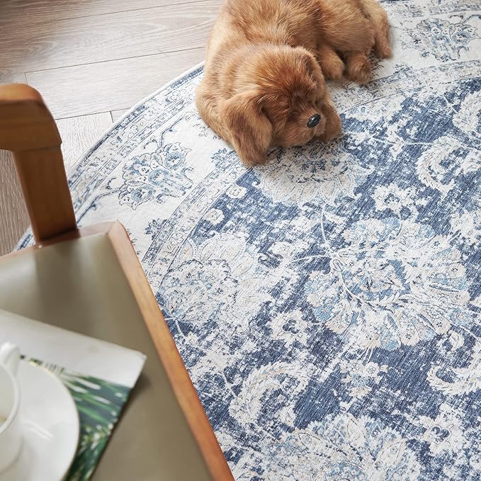 jinchan Fiora Round Rug 6ft Area Rugs Vintage Floral Distressed Design - Image 6
