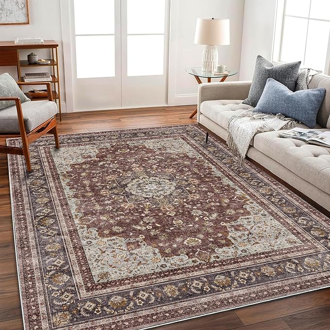 Washable Area Rug 8'x10' Retro Boho Design Non-Shedding Non-Slip Easy Care Ideal - Image 2
