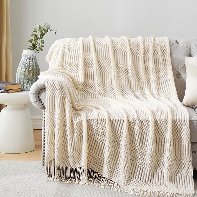 Off White Knitted Throw Blankets by HommxJF