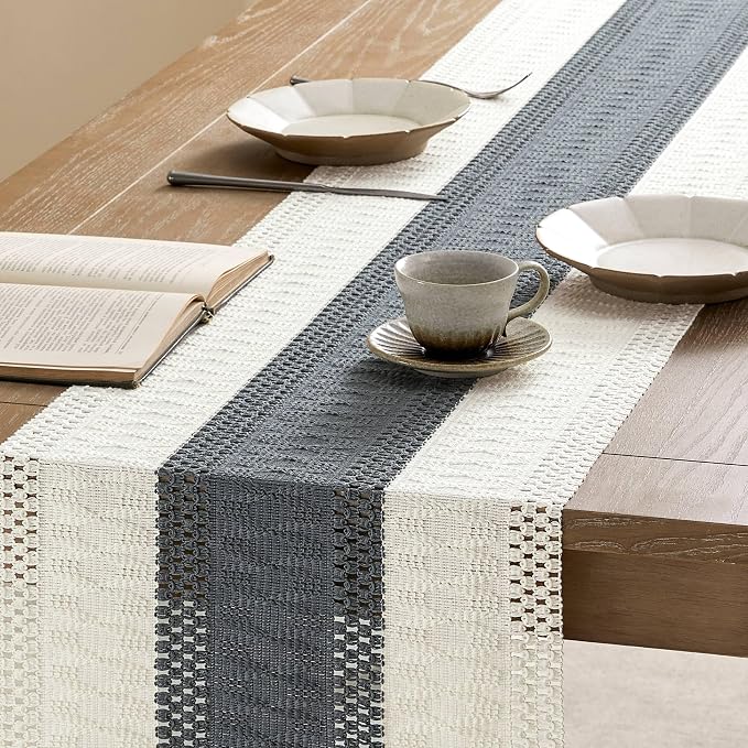 ZeeMart Macrame Style Bicolor Stitching Table Runner, 14 x 60 Inch - Image 4