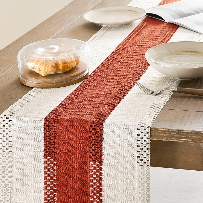 ZeeMart Macrame Style Bicolor Stitching Table Runner, 14 x 90 Inch Orange/Ivory - Image 4