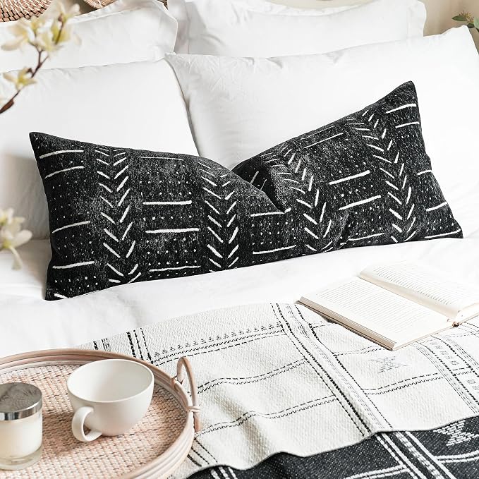 BLISSBLUSH Black Decorative Lumbar Pillow Cover 14X36, Boho Lumbar Throw Pillow by BlissBlush
