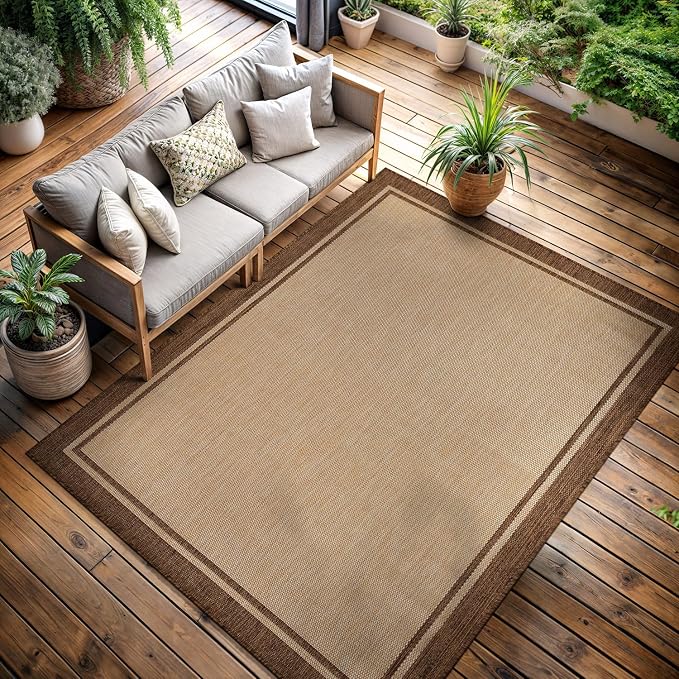CAMILSON Outdoor Rug 5x7 Bordered Natural Brown Modern Area Rugs - Image 5