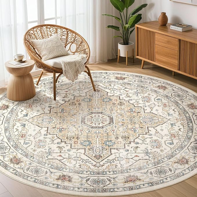 Round Rug Living Room Rugs: 8Ft Washable Boho Neutral Large Circle Soft Indoor - Image 8
