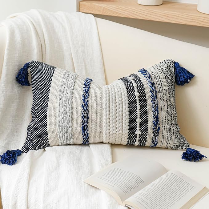 BlissBlush Decorative Lumbar Throw Pillow Cover 14x24 Boho Dark Blue Accent by BlissBlush