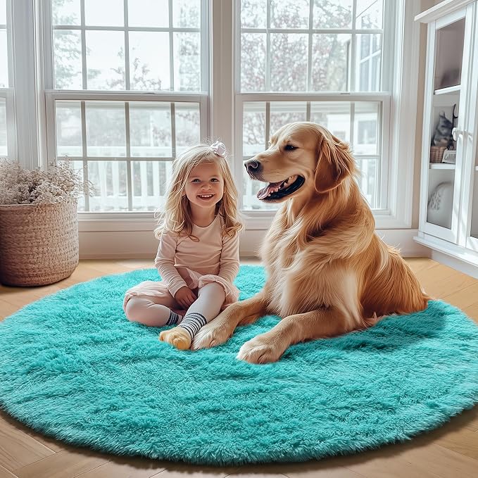 ONASAR Teal Blue Round Area Rug 4ft, Soft Fluffy Bedroom Bedside Floor Circle - Image 6