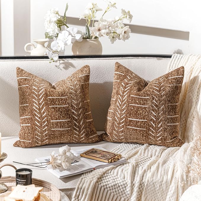 BlissBlush Fall Brown Decorative Throw Pillow Covers 18X18, Boho Farmhouse by BlissBlush