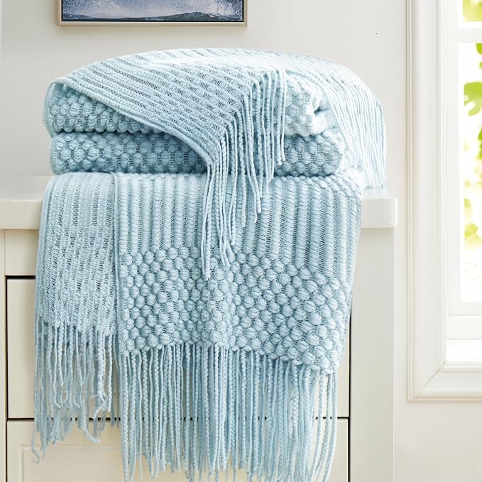 Light Blue Knitted Decorative Ball Throw Blankets - Image 3