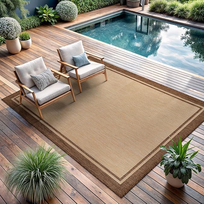 CAMILSON Outdoor Rug 8x10 Bordered Natural Brown Modern Area Rugs - Image 4