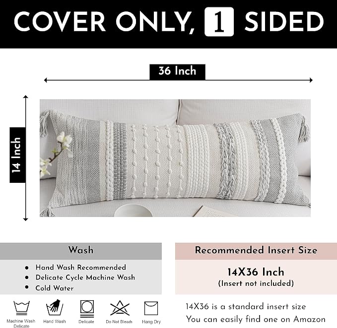 BlissBlush Gray Decorative Lumbar Pillow Cover 14x36, Farmhouse Lumbar Throw - Image 4