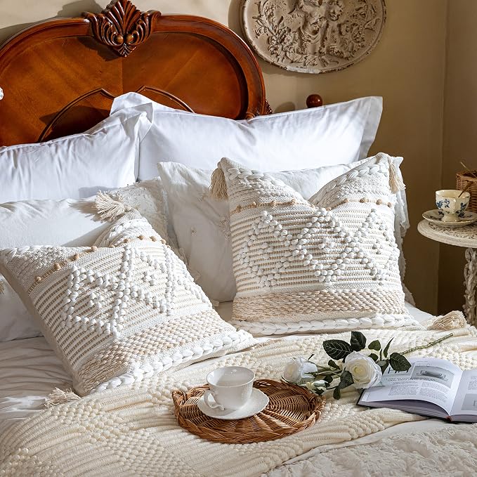 BlissBlush Cream White Boho Throw Pillow Cover 20X20, Boho Woven Textured - Image 7