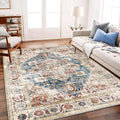 Beige Blue Washable Area Rug 8'x10' Boho Chic Medallion Distressed Design by CHAMPLANT