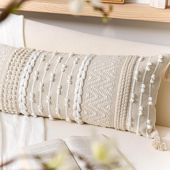 BlissBlush Cream Decorative Lumbar Throw Pillow Cover 14x36 Boho Long Cushion - Image 8