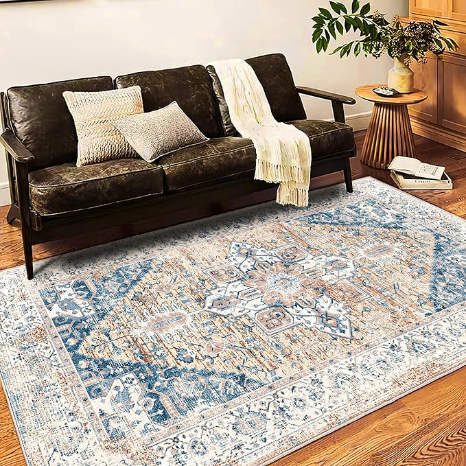 Washable Area Rug 8x10 Boho Chic Medallion Distressed Design Non-Shedding Easy by CHAMPLANT