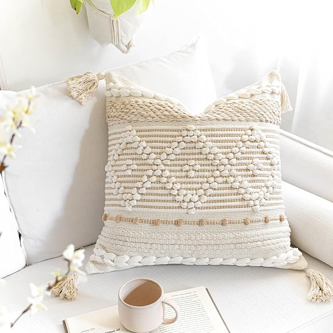 BlissBlush Cream White Boho Throw Pillow Cover 20X20, Boho Woven Textured - Image 5