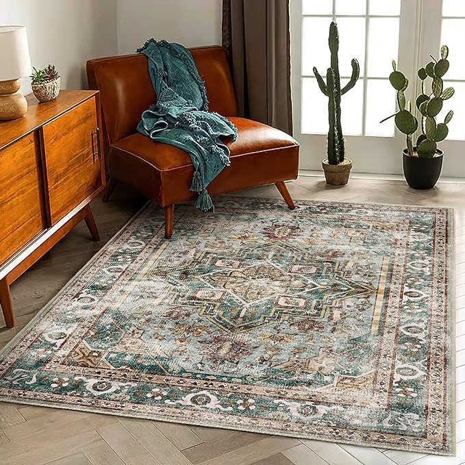 Washable Area Rug 5'x7' Green Retro Boho Chic Medallion Distressed Design - Image 3