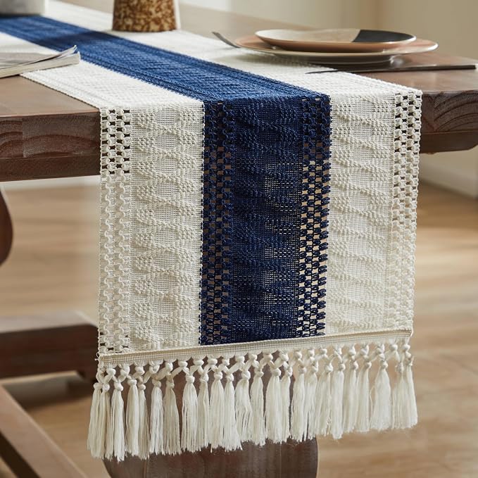 ZeeMart Macrame Style Bicolor Stitching Table Runner, 14 x 48 Inch Navy - Image 7