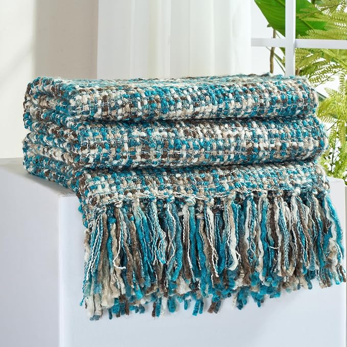 Multi-Color Teal Cable Knitted Throw Blanket by GINAMUSE