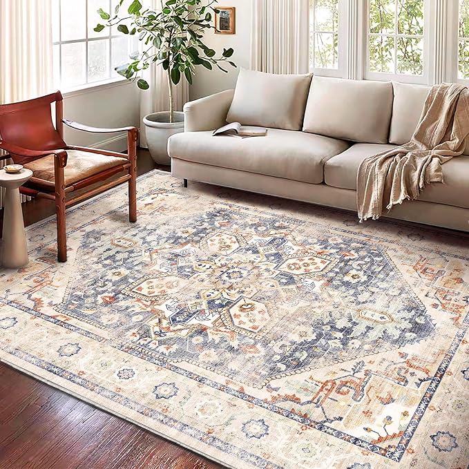 Washable Area Rug 8'x10' Blue Khaki Retro Boho Design Non-Shedding Non-Slip - Image 3