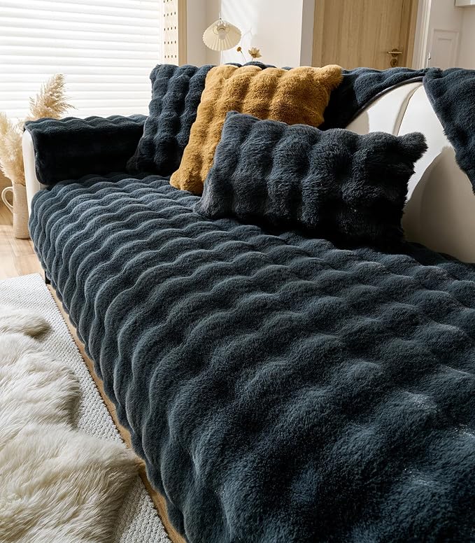 Faux Fur Couch Cover Fuzzy Soft Plush Thick Bubble Sofa Cover Luxury Sectional - Image 5