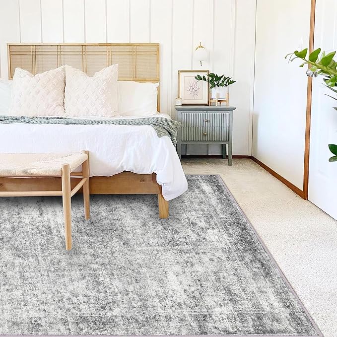 Area Rug 4x6 Washable Rug Gray Vintage Traditional Floor Cover Foldable Thin - Image 2