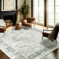 Washable Area Rug 9'x12' Retro Floral Green Boho Design Non-Shedding Easy Care by CHAMPLANT