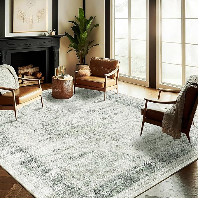 Washable Area Rug 9'x12' Retro Floral Green Boho Design Non-Shedding Easy Care by CHAMPLANT