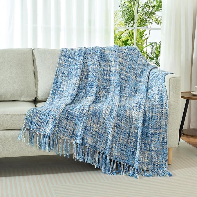 Multi-Color Light Blue Cable Knitted Throw Blanket - Image 7