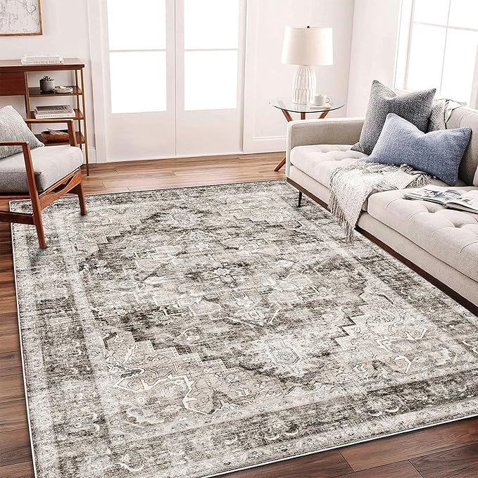 Washable Area Rug 10'x14' Deep Khaki Retro Flowers Boho Design Non-Shedding - Image 3