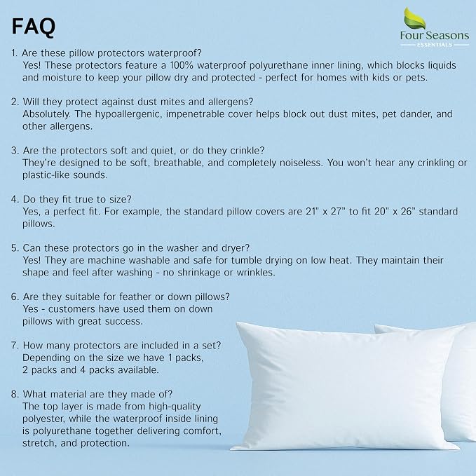 Four Seasons Essentials Waterproof King Pillow Protectors – Zippered Pillow - Image 9
