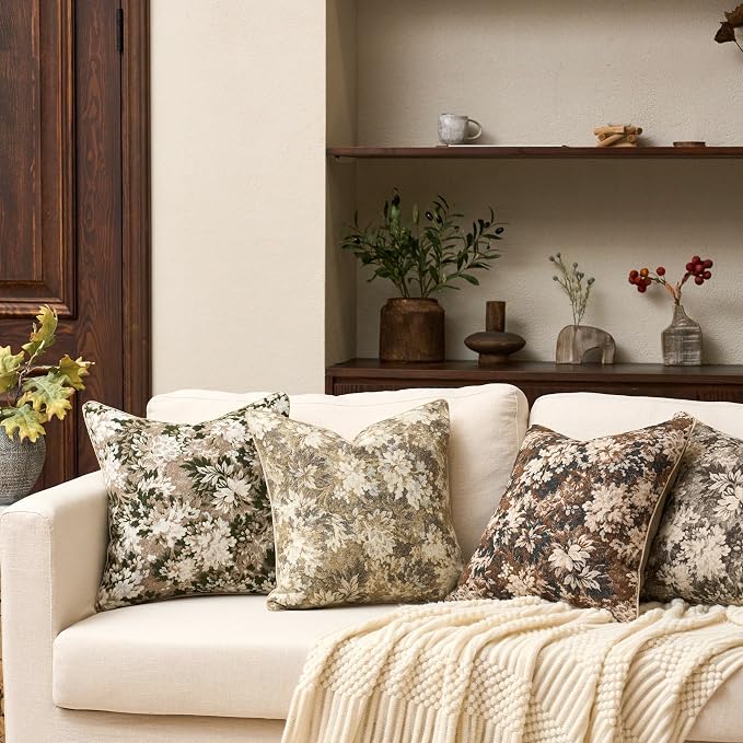 Yangest Neutral Floral Pillow Cover 24 x 24 Inches, Vintage Chenille Square - Image 6