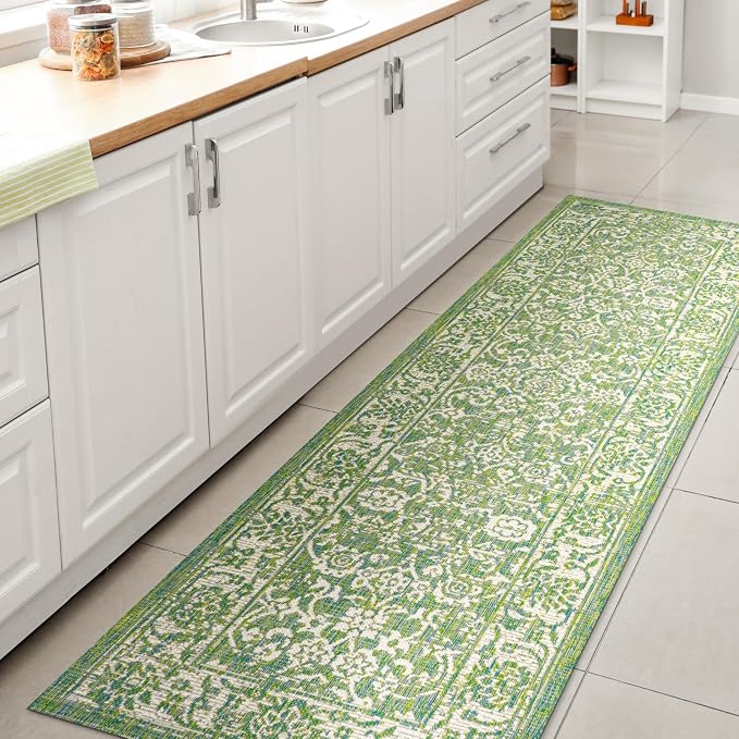 JONATHAN Y Weave Floral Indoor Outdoor Runner Rug 2X8 Cream/Green, Tela by JONATHANY