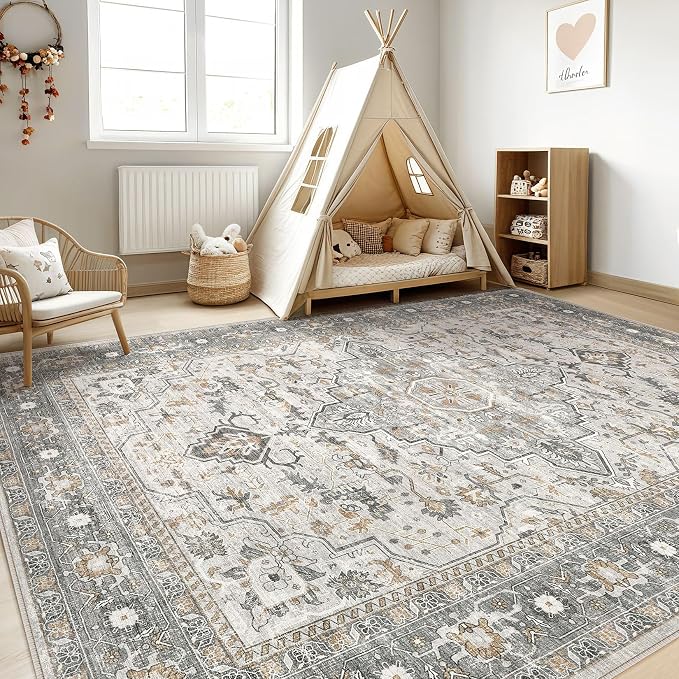 10x14 Area Rugs Living Room: Washable Boho Large Neutral Vintage Soft Rug Stain - Image 5