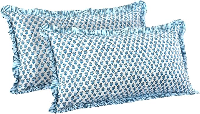 CPC Apatite Blue 100% Cotton Block Print Ruffle Sham Cover 20X36 inch Pack of 2 by COTTONPRINTCLUB