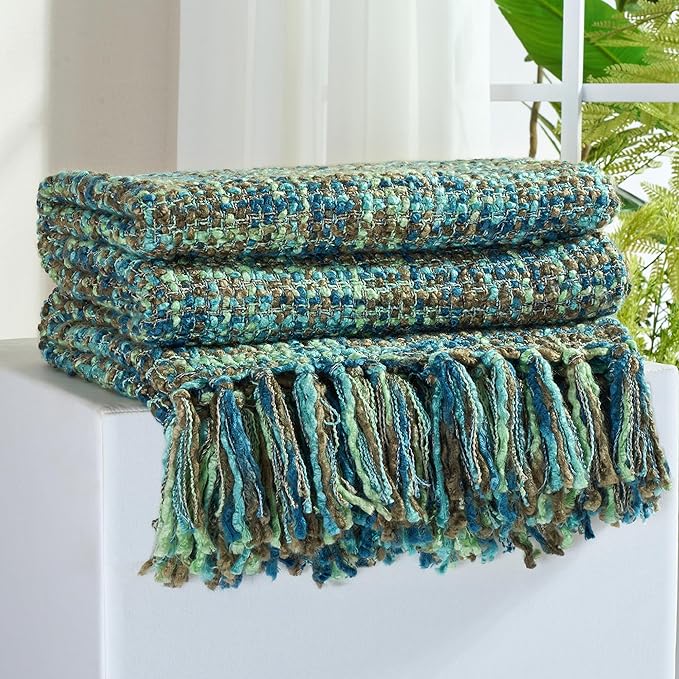 Multi-Color Green Cable Knitted Throw Blanket by GINAMUSE