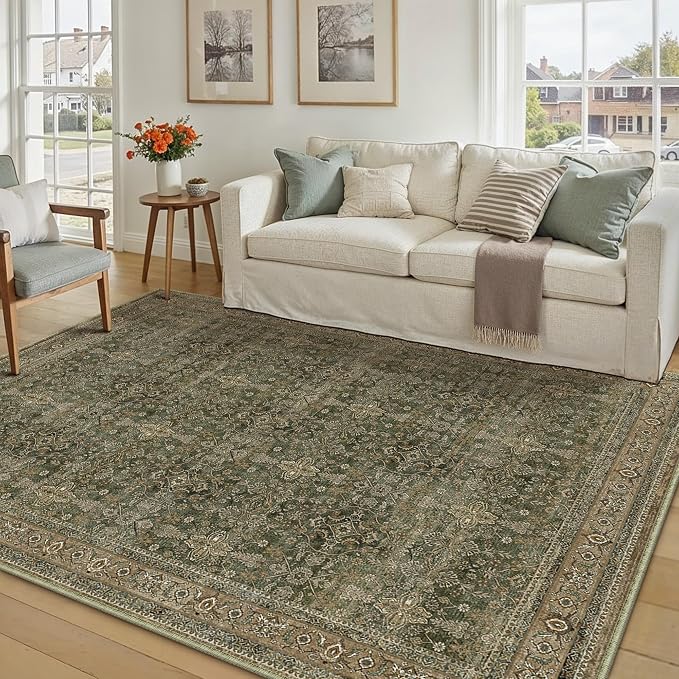 6x9 Area Rug for Living Room Green Brown Vintage Washable Bedroom Carpet - Image 4