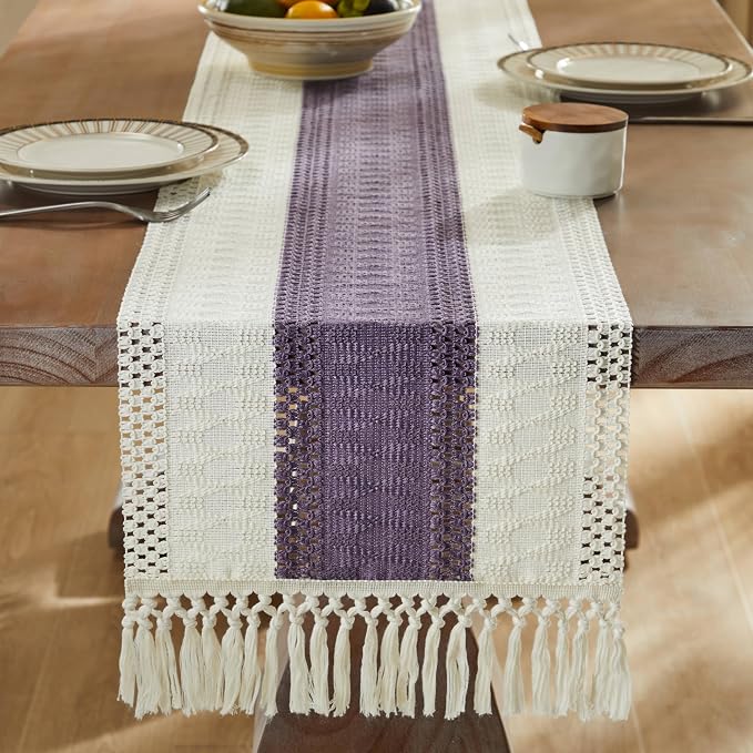 ZeeMart Macrame Style Bicolor Stitching Table Runner, 14 x 36 Inch Purple/Ivory - Image 3