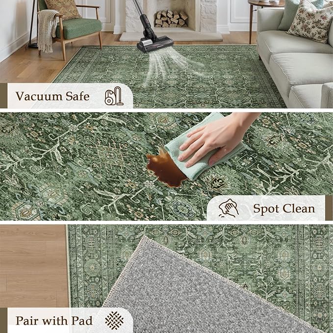 Green Area Rug 3x5 Washable Office Entryway Carpet Soft Vintage Indoor Kitchen - Image 4